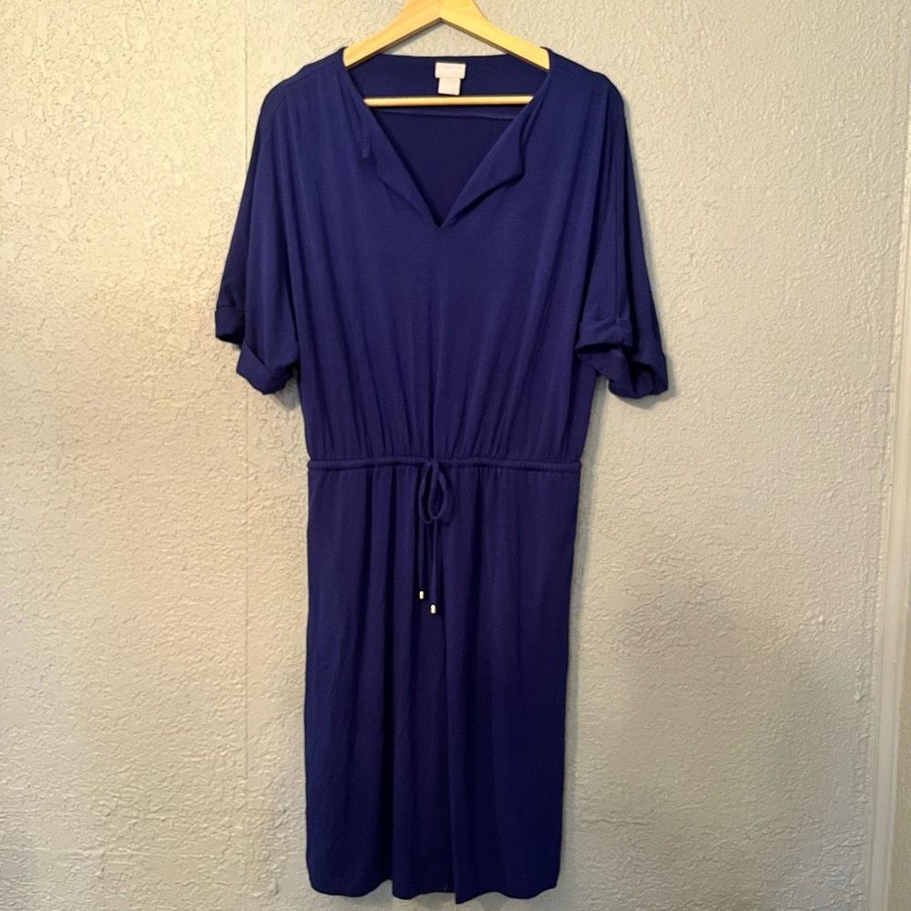 Chico’s Womens Split Neck Tie Waist Short Sleeve Stretch Midi Blue Size Large